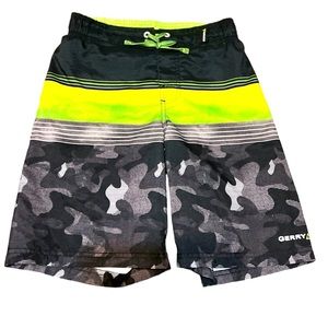 Gerry Youth Boy's Swim Trunks~BLACK CAMO W/GREY-LIME GREEN Size:Medium 10/12